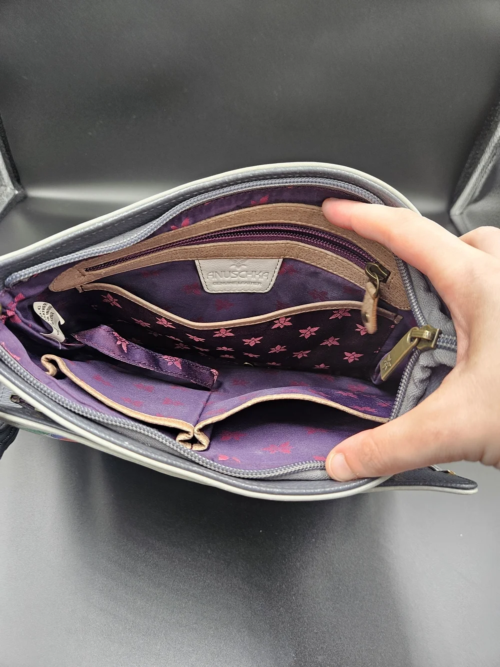Anuschka Gray Crossbody with Colorful Floral Lion Motif